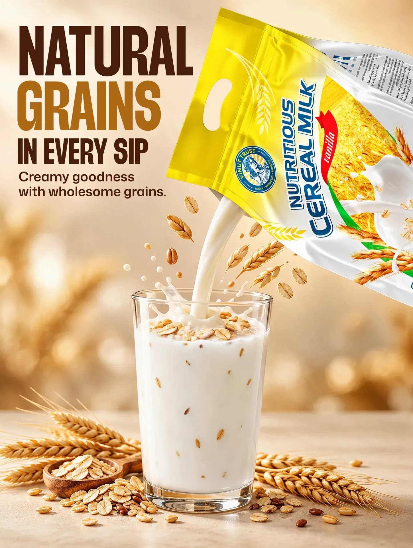 VINUT TRUST cereal drink artwork with a prepared glass
