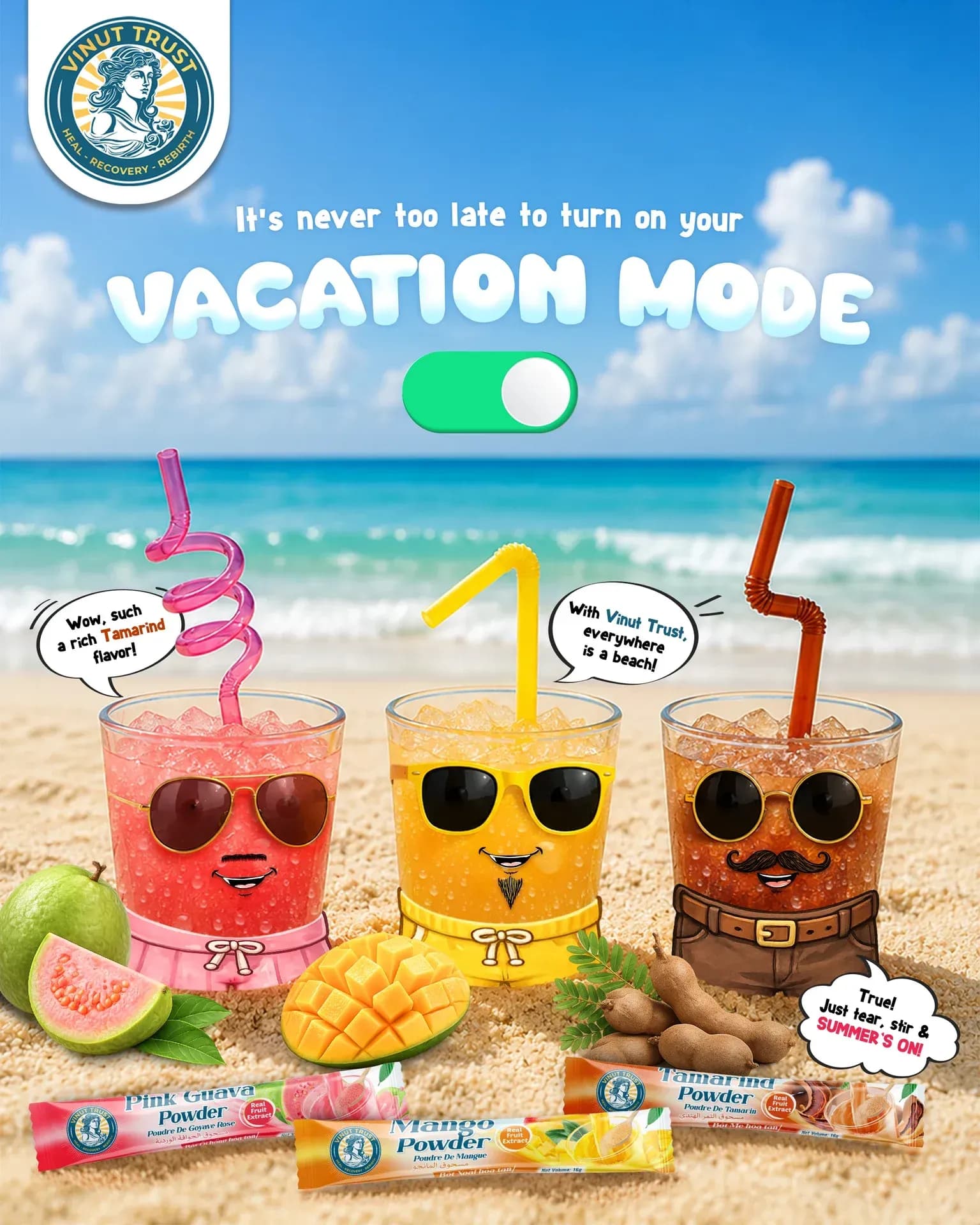 Fruit drinks in a beach-inspired serving scene