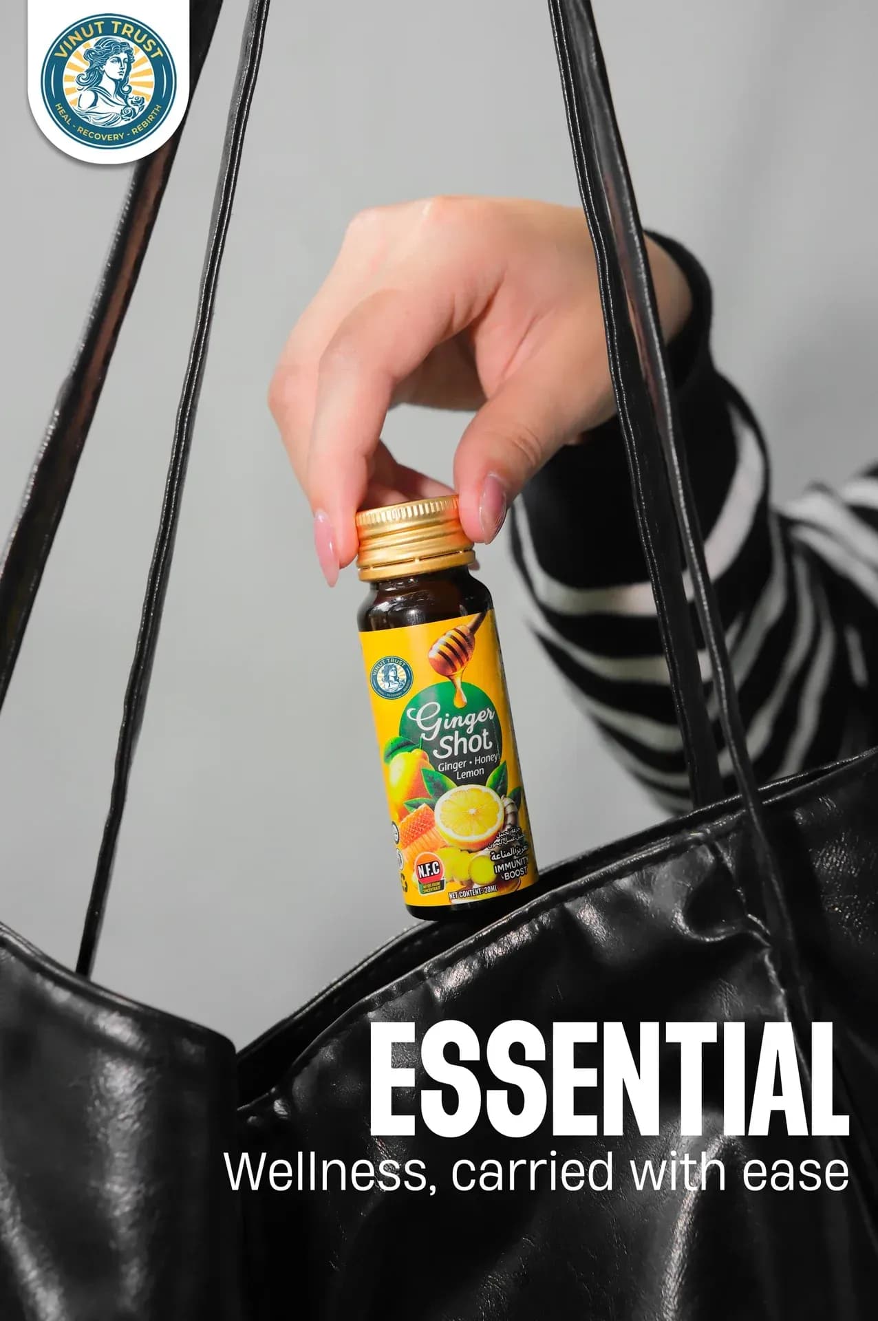 A VINUT TRUST Ginger Shot carried in a bag