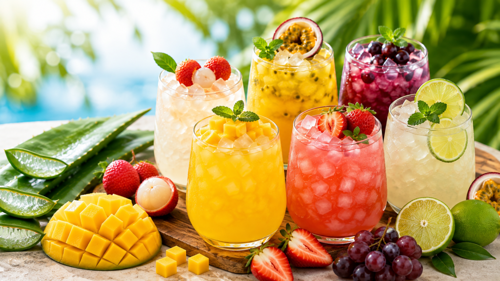 Colorful aloe vera fruit drinks paired with mango, strawberry, lychee, passion fruit, grape, and lime for refreshing tropical beverages.