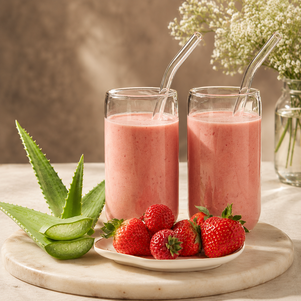 Strawberry aloe vera beverage with real aloe vera pulp and fresh strawberries.