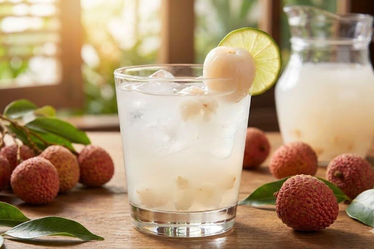 Refreshing lychee aloe vera drink served with fresh lychee fruits.