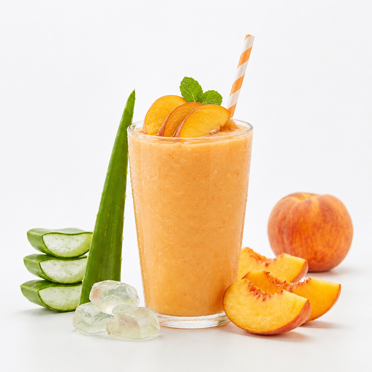 Peach aloe vera beverage made with ripe peaches and aloe vera pulp.